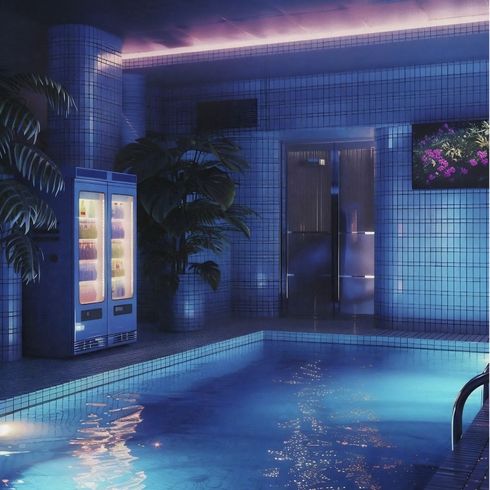 Thiết kế bể bơi trong nhà phong cách cá tính với hệ thống đèn LED đổi màu và đèn chiếu nhấn kiến trúc sống động.