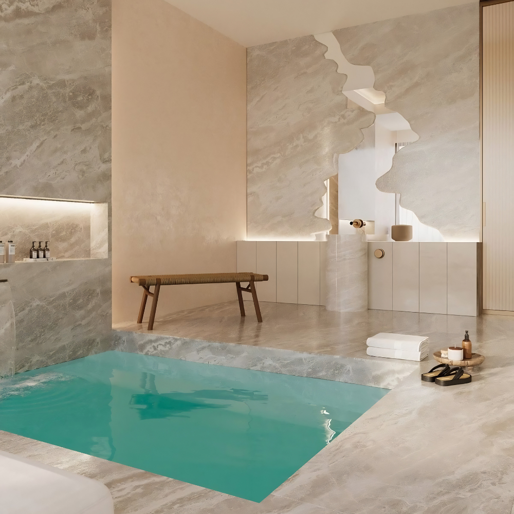 Mẫu bể bơi trong nhà kích thước nhỏ gọn ốp đá marble sang trọng cho không gian hạn chế diện tích.