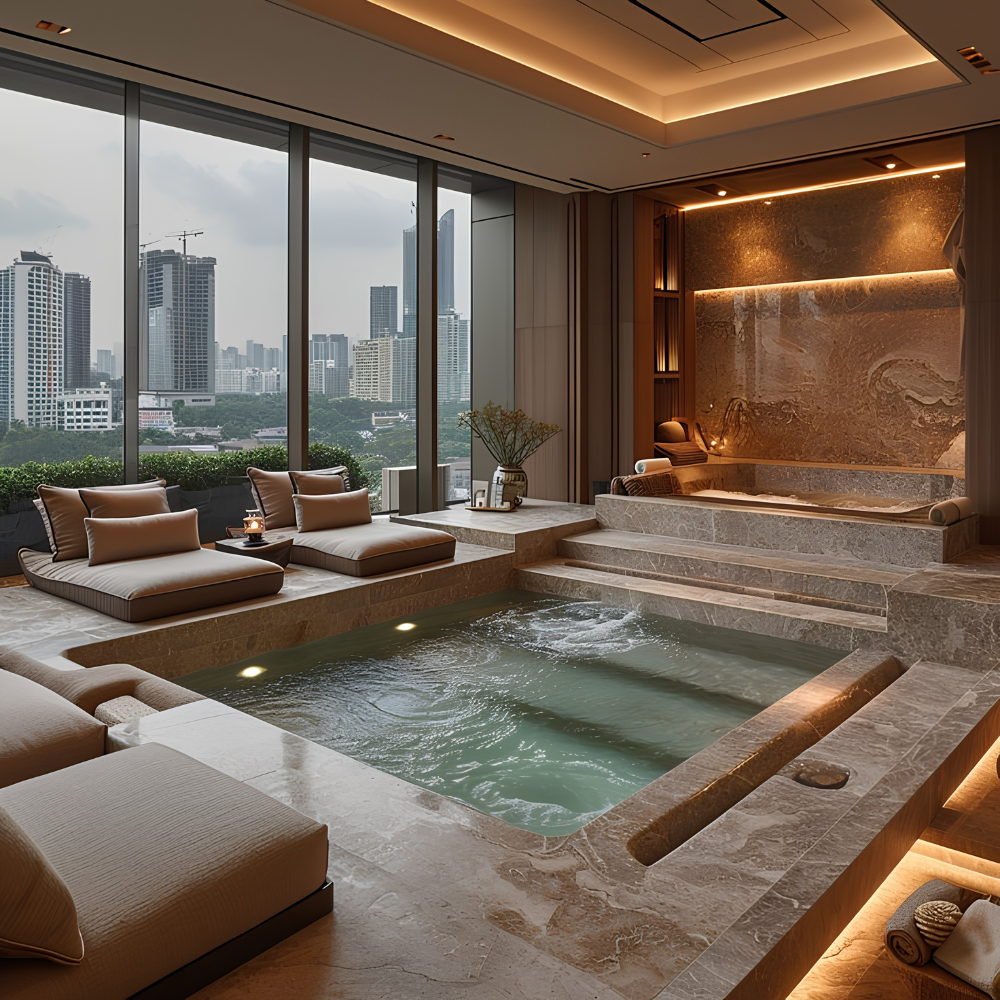 Thiết kế bể bơi mini trong nhà tích hợp hệ thống sục massage thư giãn với tầm nhìn thành phố hiện đại.
