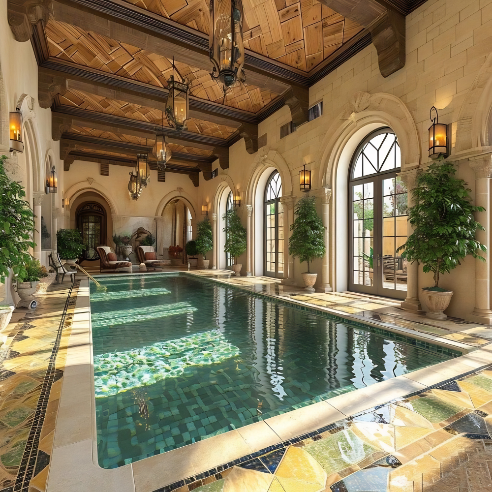 Thiết kế bể bơi trong nhà phong cách Địa Trung Hải sang trọng với trần gỗ và sàn gạch mosaic xanh ngọc.