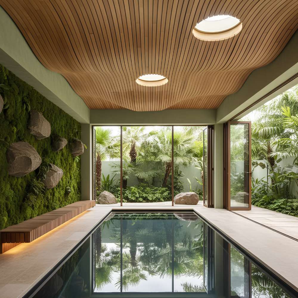 Mẫu thiết kế bể bơi trong nhà có giếng trời với trần gỗ uốn lượn phong cách Biophilic sang trọng.
