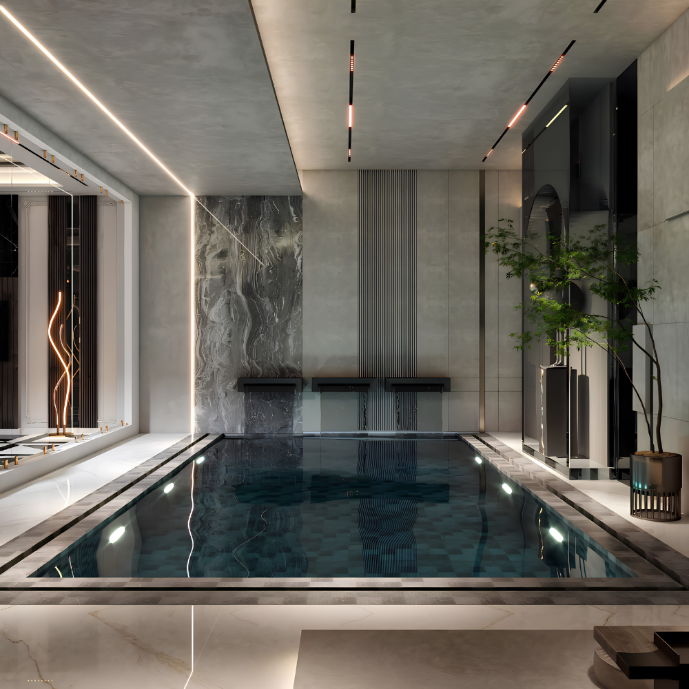 Trang trí bể bơi trong nhà bằng gạch ốp lát họa tiết 3D và mosaic tạo hiệu ứng thẩm mỹ độc đáo.