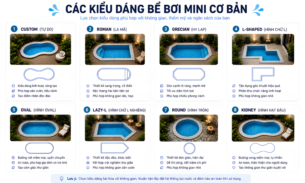 Các kiểu dáng bể bơi mini tại nhà đẹp, tối ưu không gian và chi phí